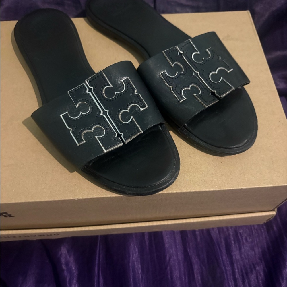 Tory Burch Black Leather Logo Slide Sandals Women’s Size 8.5
